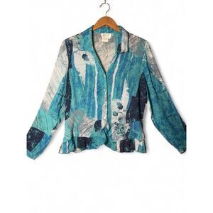 VTG Blue 100% Silk Long Sleeve Blouse Sz 12 Deep V-Neck Ruffles Button Up